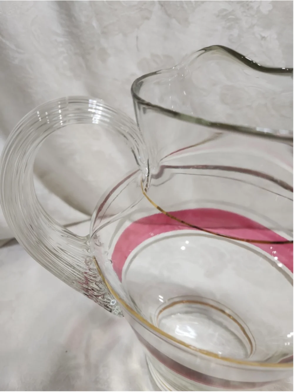 MCM Glass Pitcher Ice Lip Pink White Enamel Stripe Gold Trim Ribbed Handle